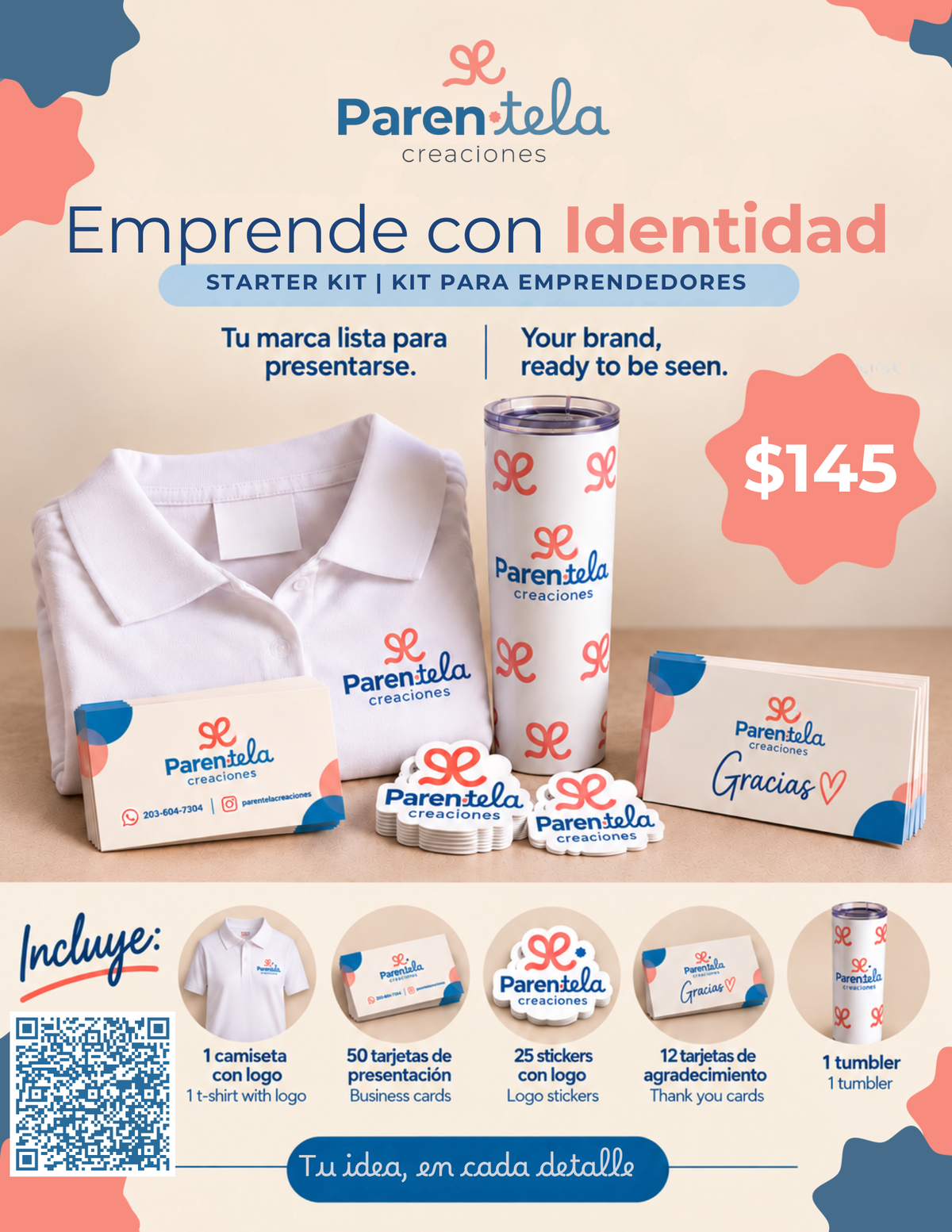 Kit Básico para Emprendedores de Parentela Creaciones: camiseta, tarjetas, stickers y tumbler