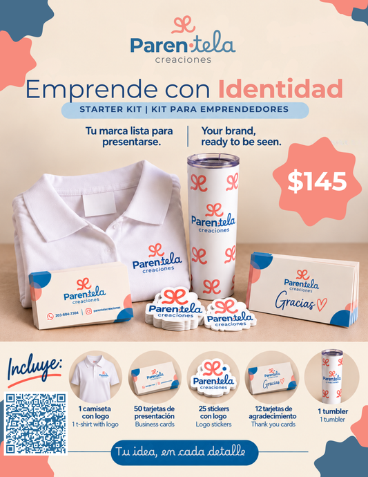 Kit Básico para Emprendedores de Parentela Creaciones: camiseta, tarjetas, stickers y tumbler