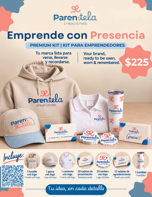 Kit Premium para Emprendedores de Parentela Creaciones con hoodie, gorra, camiseta, tarjetas, stickers y tumbler