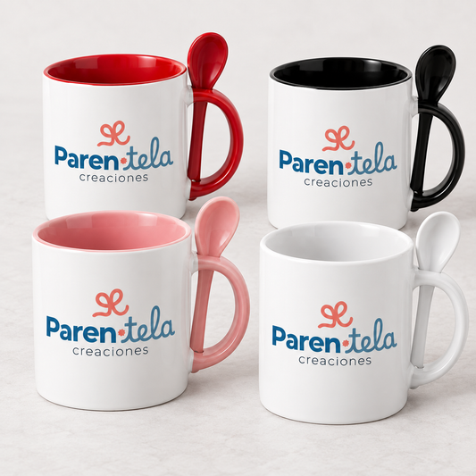 Tazas personalizadas de 11 oz en blanco, rojo, negro y rosa con cucharita y logo de Parentela Creaciones